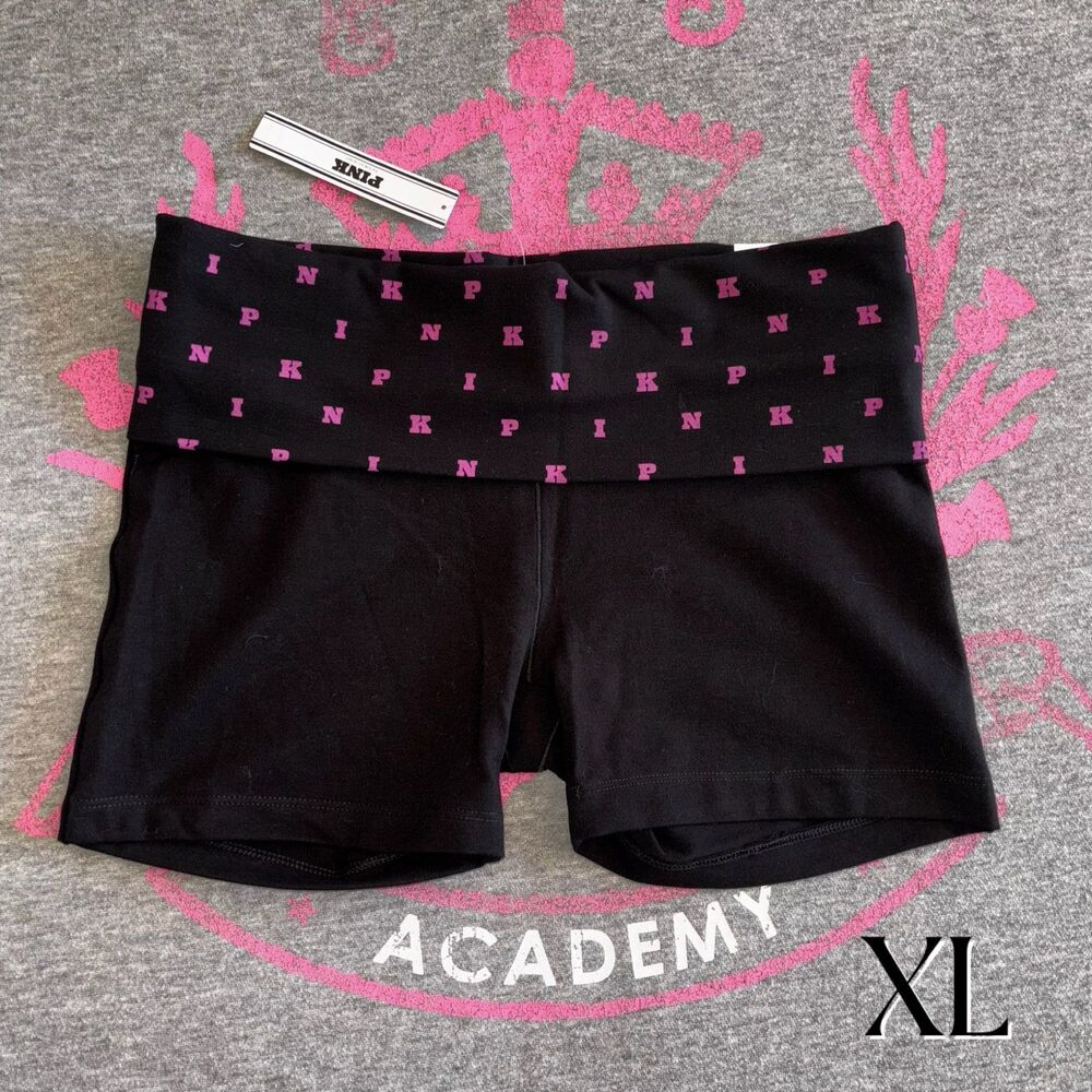 NWT Victoria’s Secret PINK Foldover Bike Shorts Black & Pink Throwback Logo